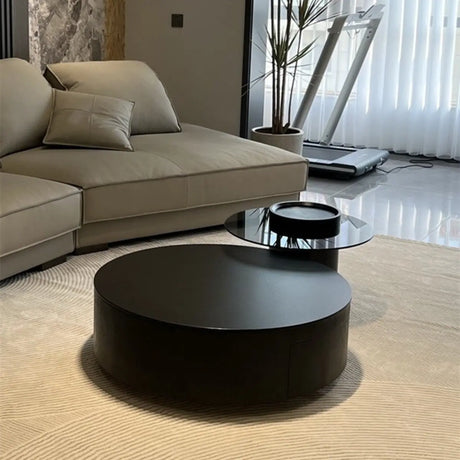 Black Stone Round Storage Drawers Nesting Coffee Table Image - 2