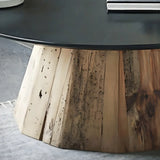 Black Stone Top Natural Wood Base Round Coffee Table Image - 10