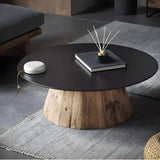 Black Stone Top Natural Wood Base Round Coffee Table Image - 11