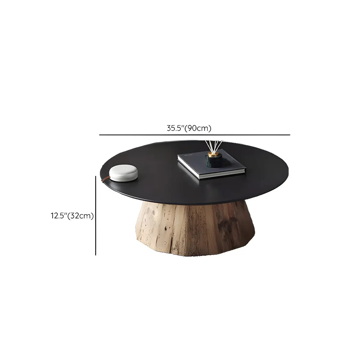 Black Stone Top Natural Wood Base Round Coffee Table 