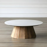 Black Stone Top Natural Wood Base Round Coffee Table Image - 2