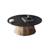 Black Stone Top Natural Wood Base Round Coffee Table Image - 7