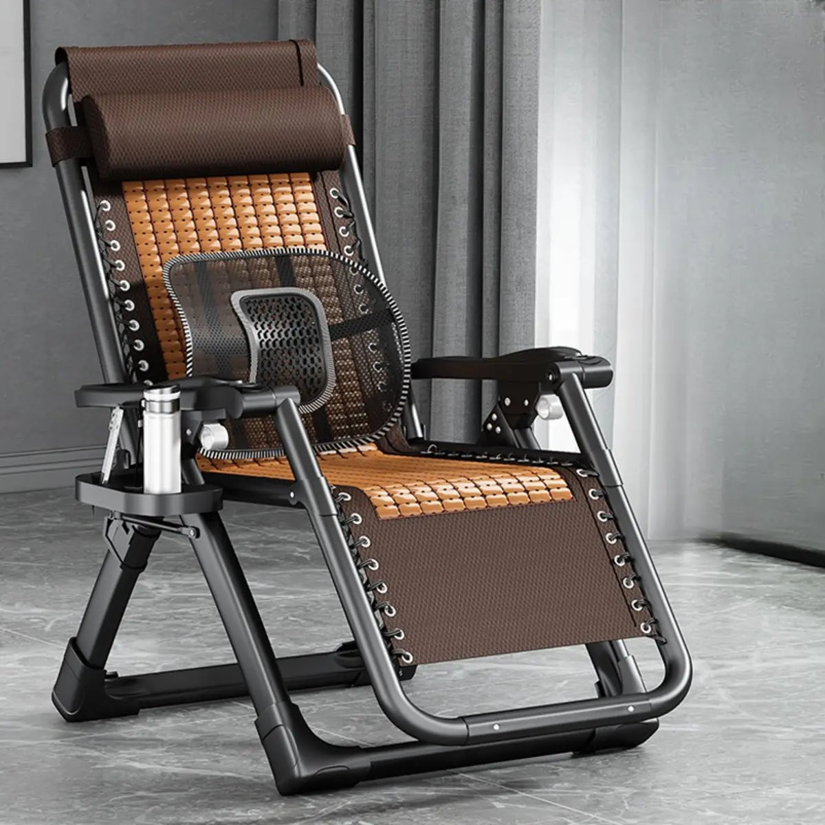 Black Striped Foldable Mesh Recliner with Cup Holder Image - 10