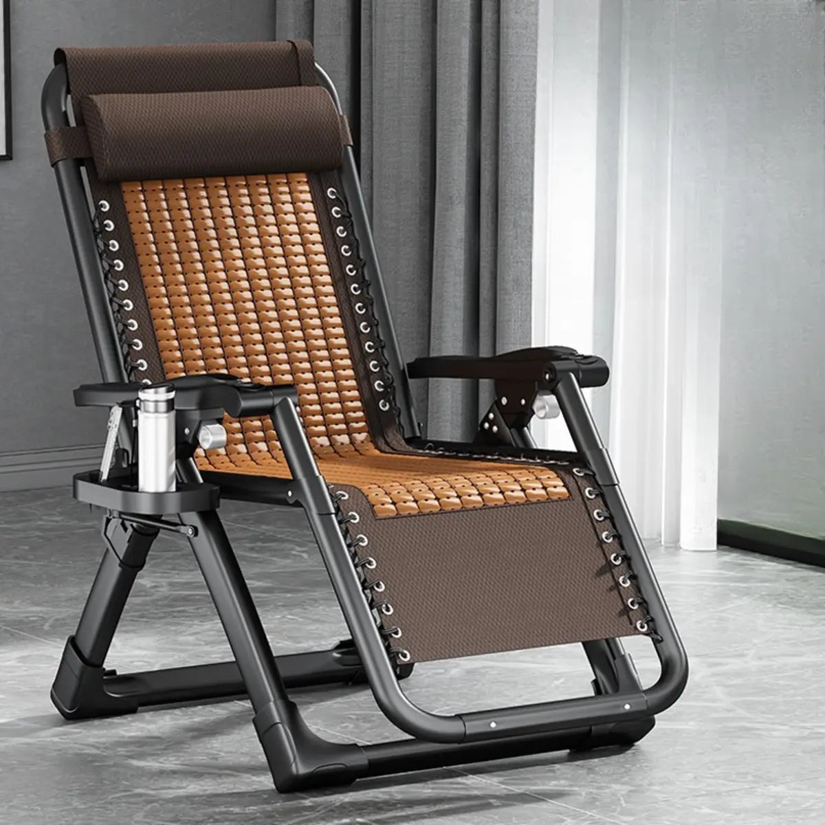 Black Striped Foldable Mesh Recliner with Cup Holder Image - 12