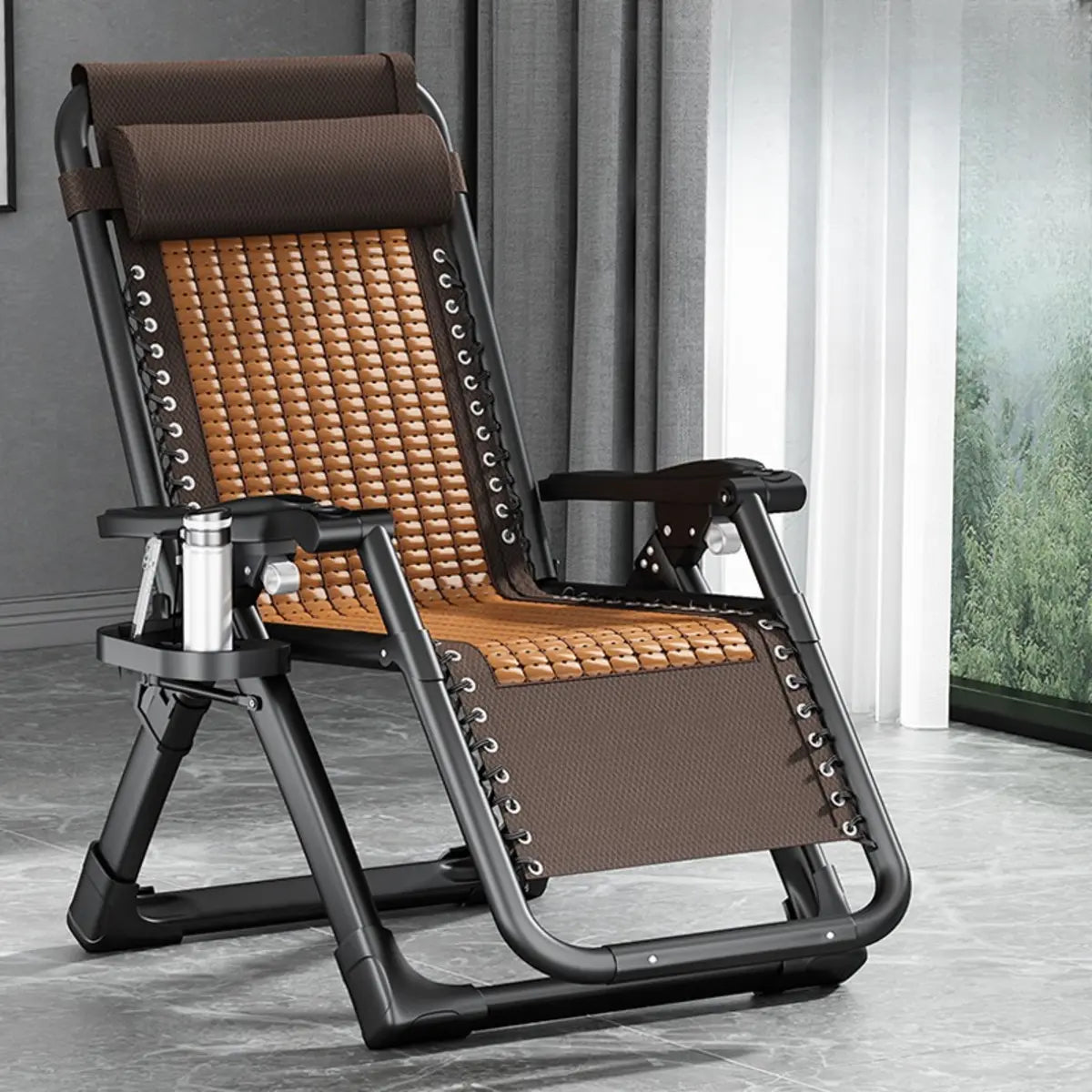 Black Striped Foldable Mesh Recliner with Cup Holder Image - 13