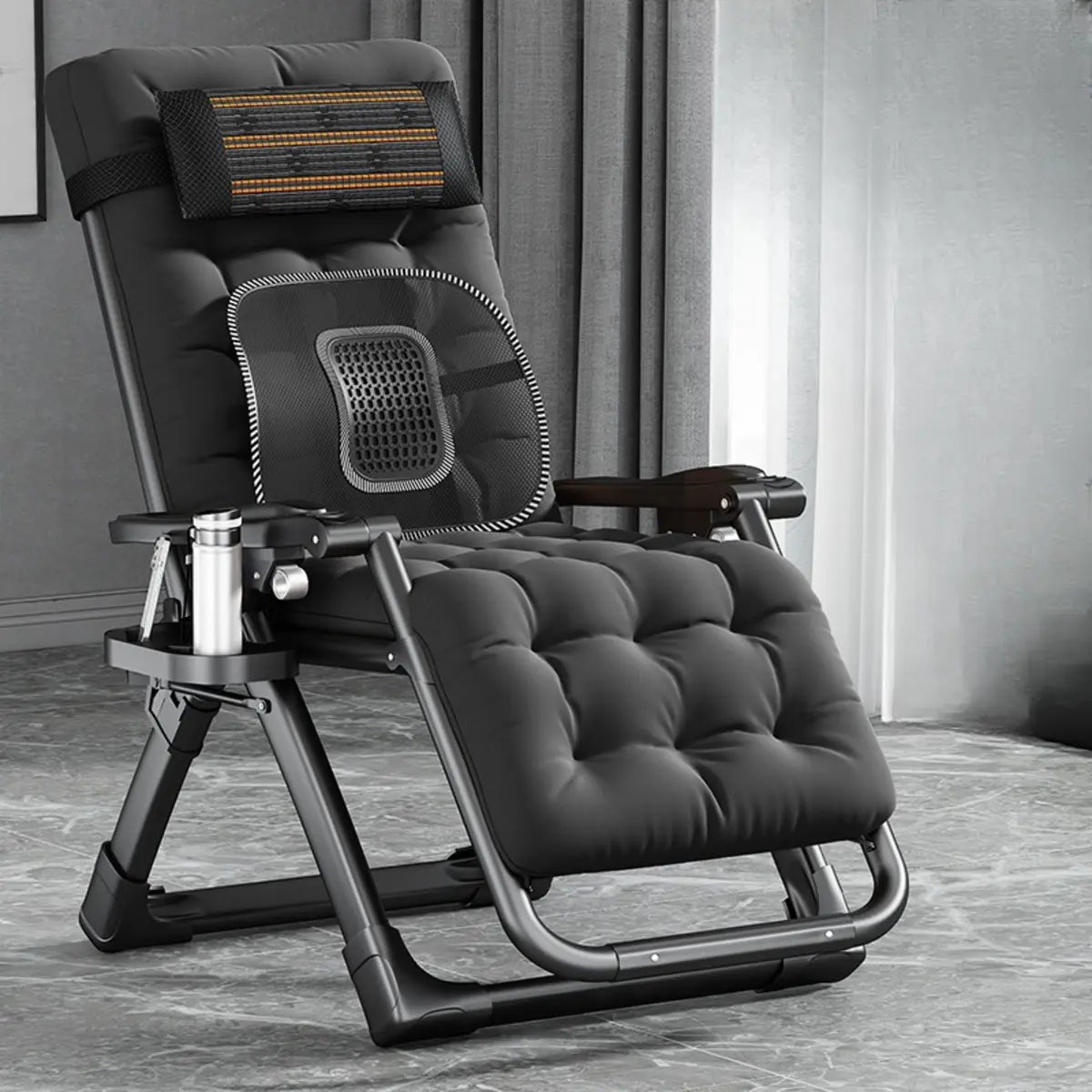 Black Striped Foldable Mesh Recliner with Cup Holder Image - 15