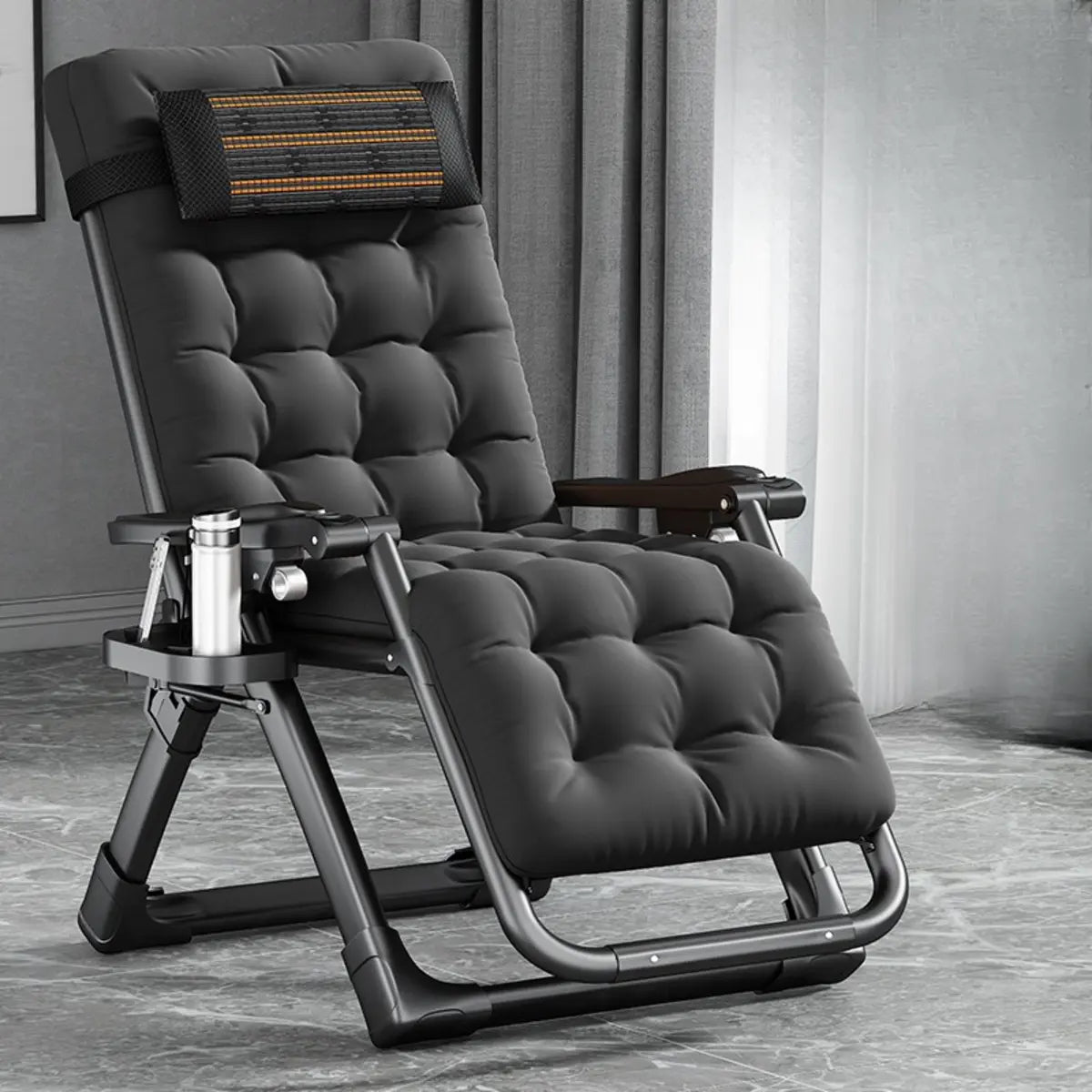 Black Striped Foldable Mesh Recliner with Cup Holder Image - 16