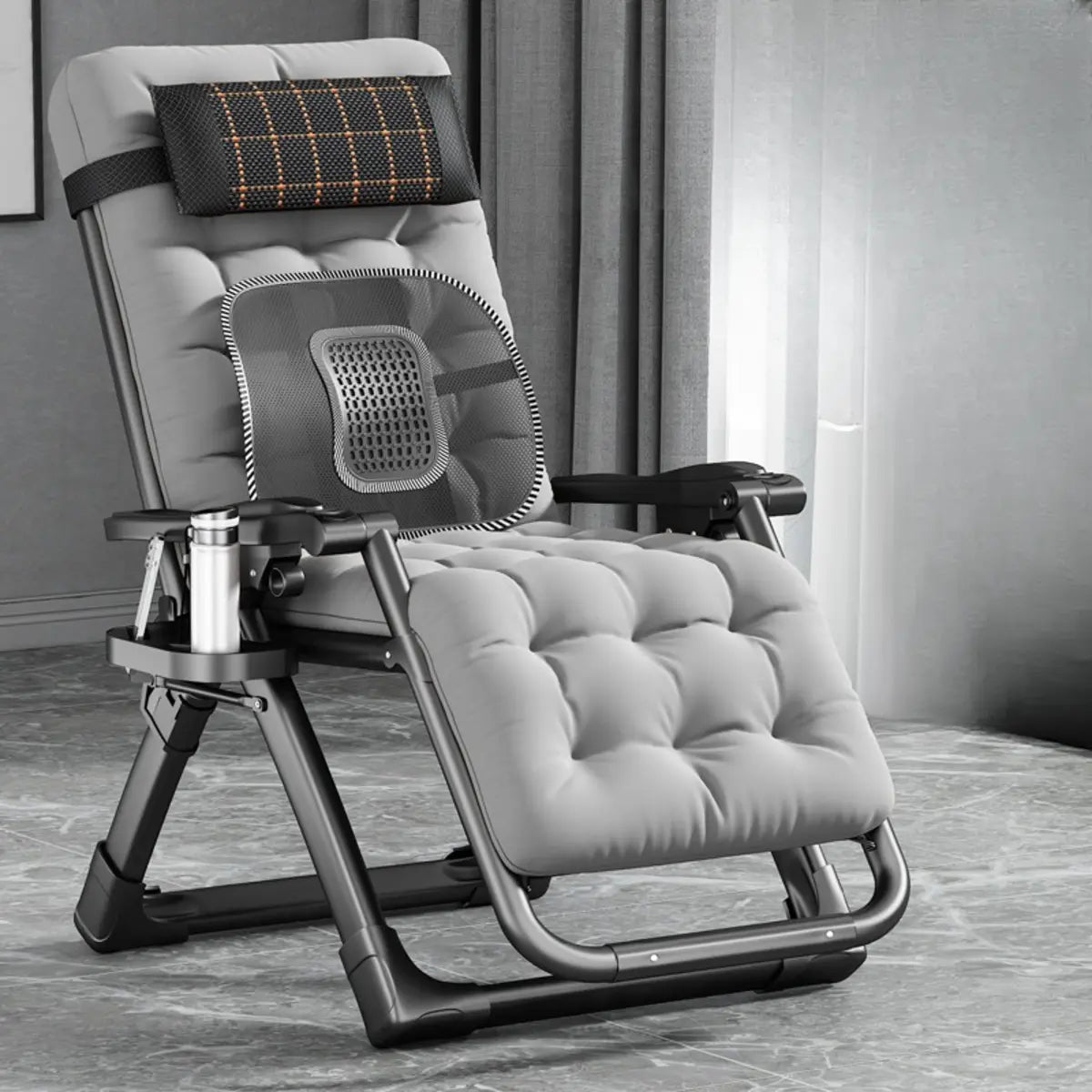 Black Striped Foldable Mesh Recliner with Cup Holder Image - 17