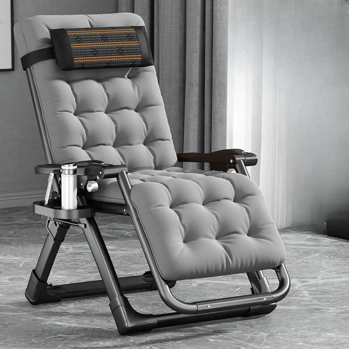 Black Striped Foldable Mesh Recliner with Cup Holder Image - 18