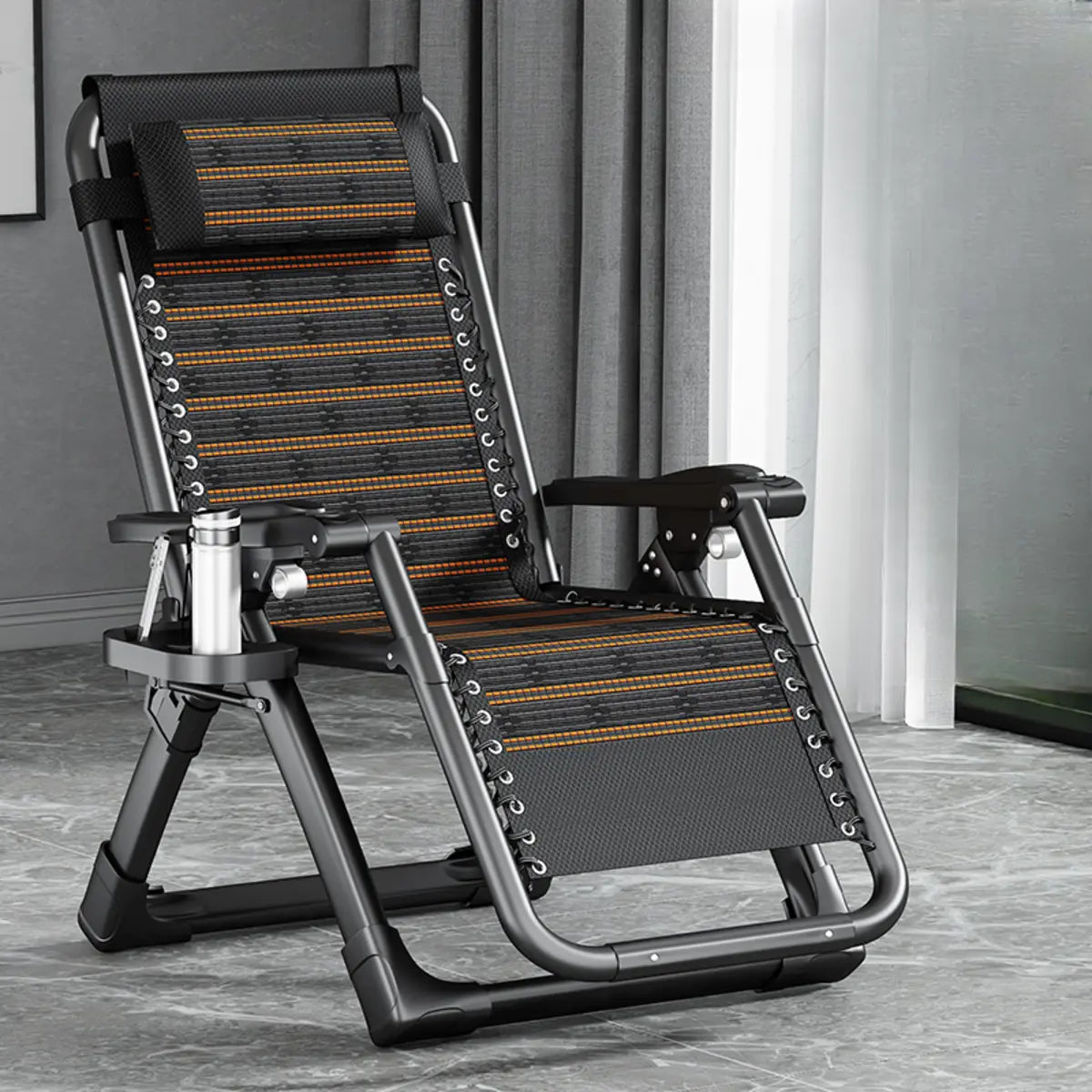 Black Striped Foldable Mesh Recliner with Cup Holder Image - 20