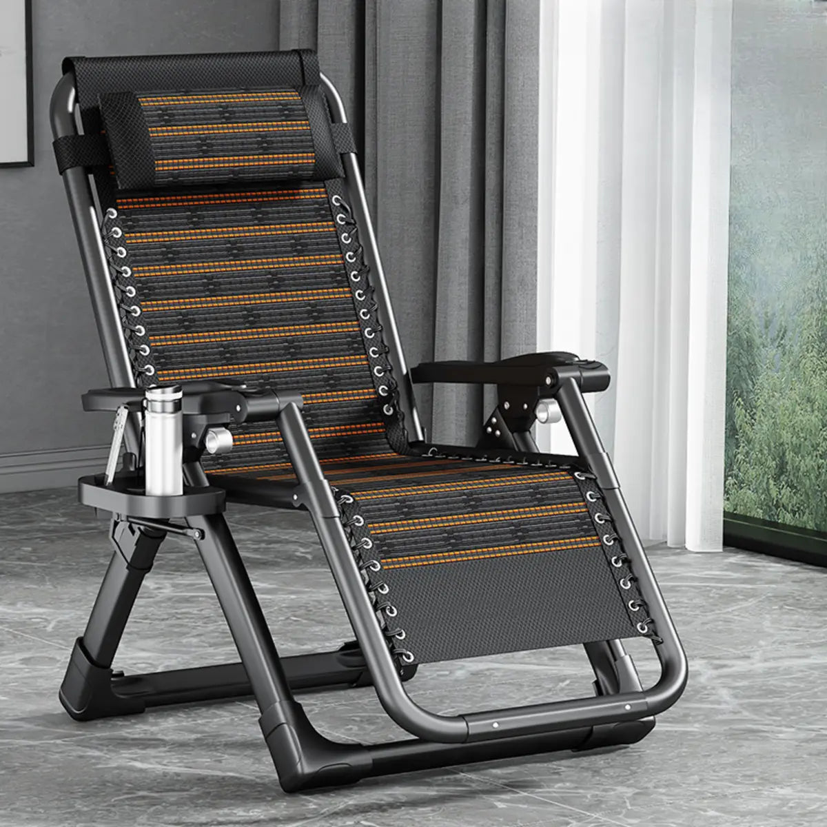 Black Striped Foldable Mesh Recliner with Cup Holder Image - 21