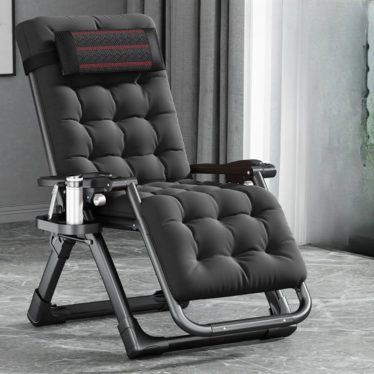 Black Striped Foldable Mesh Recliner with Cup Holder Image - 23