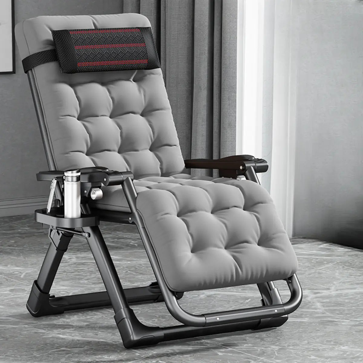 Black Striped Foldable Mesh Recliner with Cup Holder Image - 25