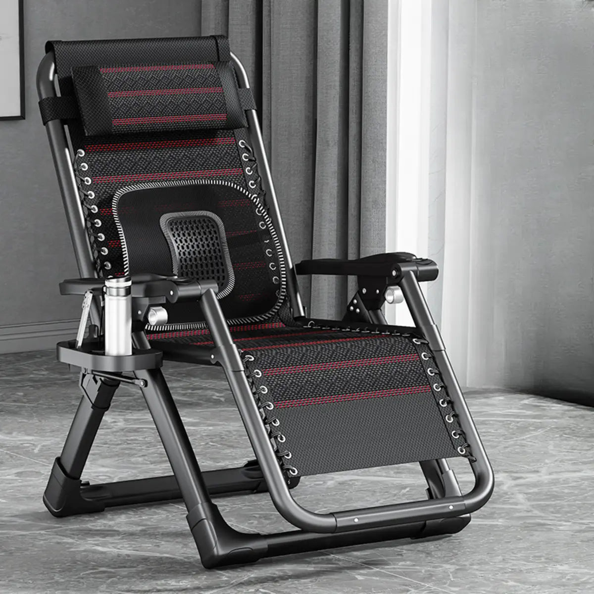 Black Striped Foldable Mesh Recliner with Cup Holder Image - 26