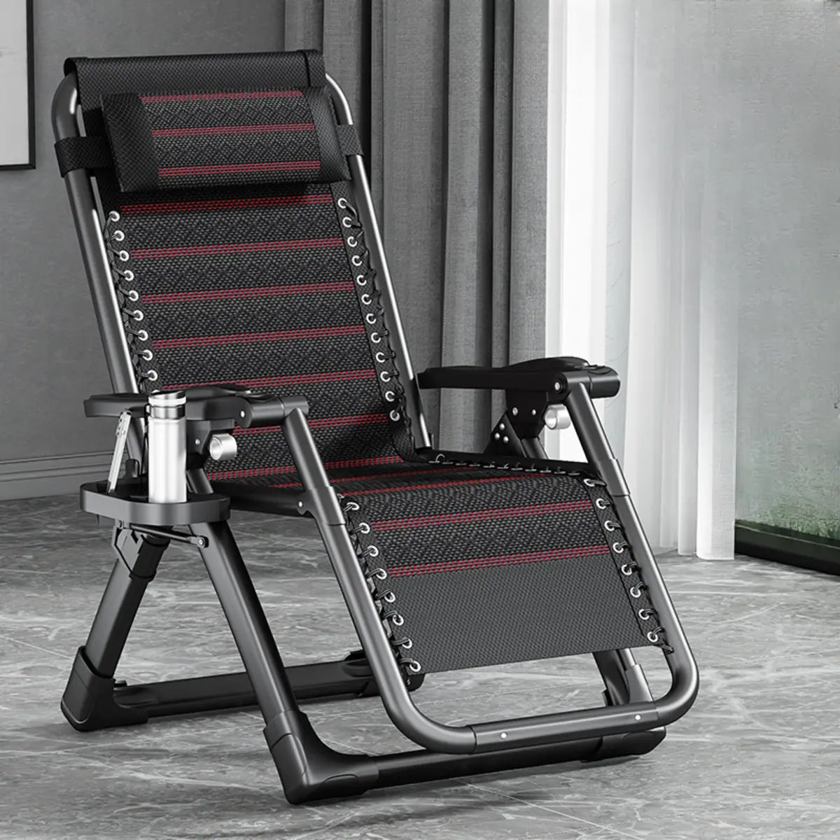 Black Striped Foldable Mesh Recliner with Cup Holder Image - 27