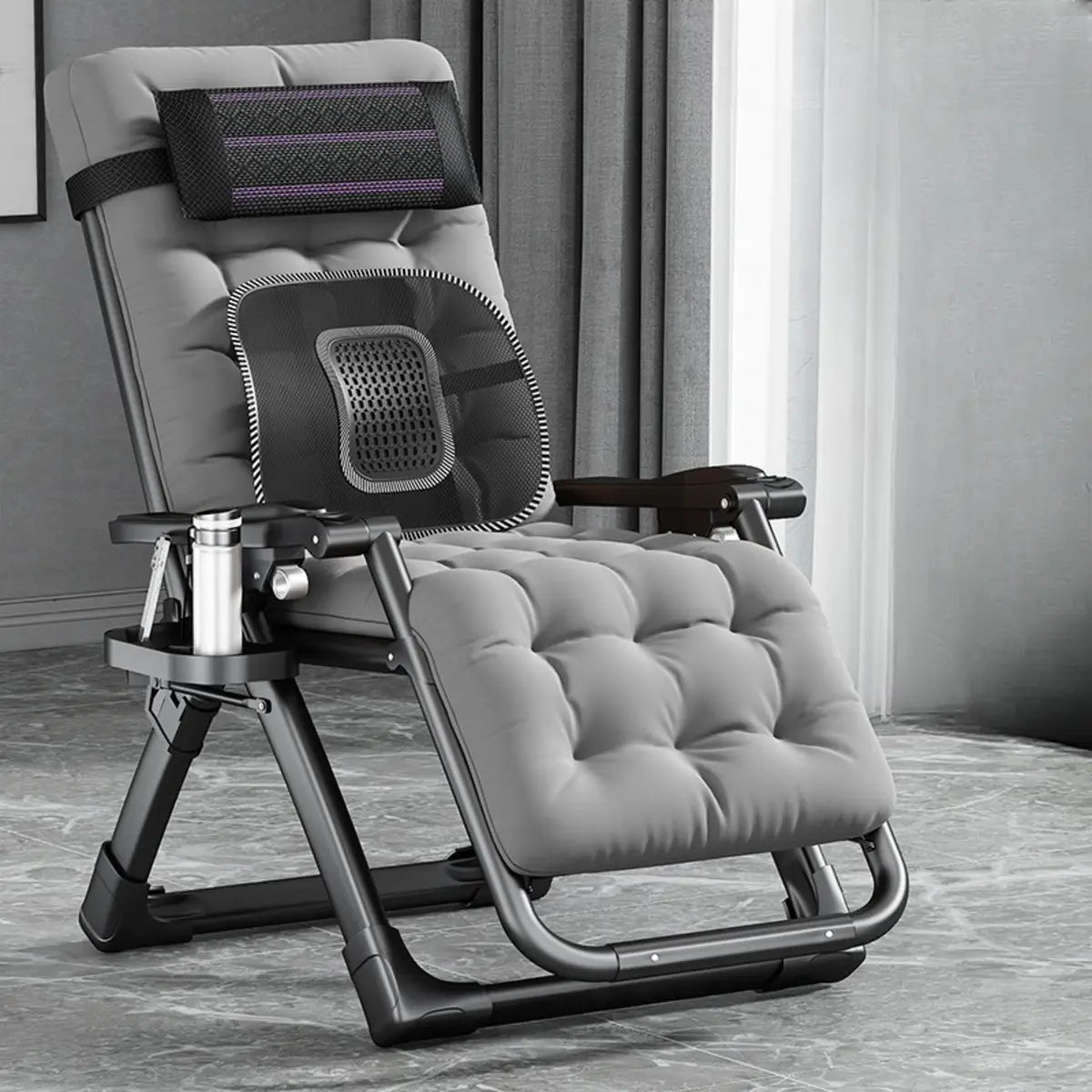 Black Striped Foldable Mesh Recliner with Cup Holder Image - 33