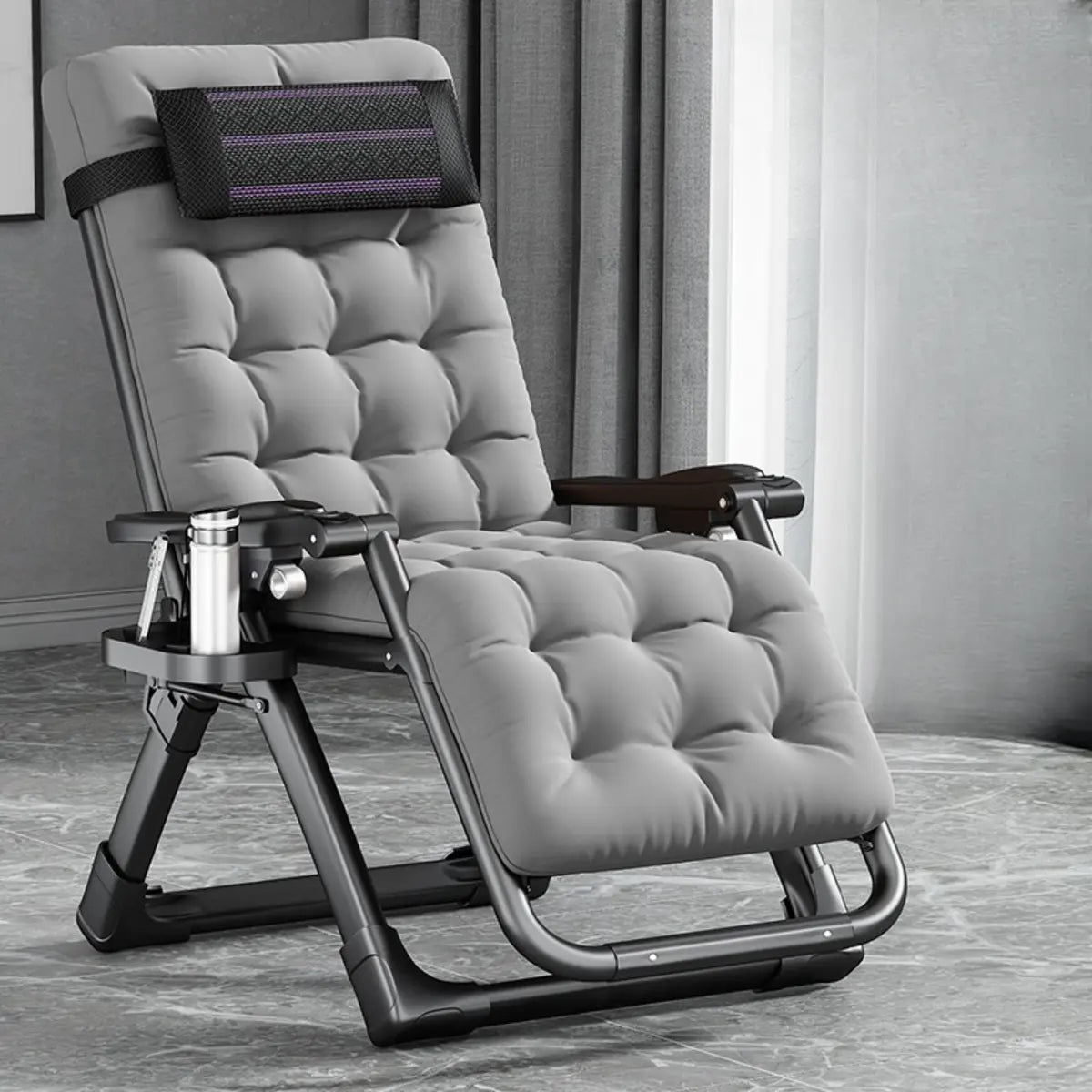 Black Striped Foldable Mesh Recliner with Cup Holder Image - 34