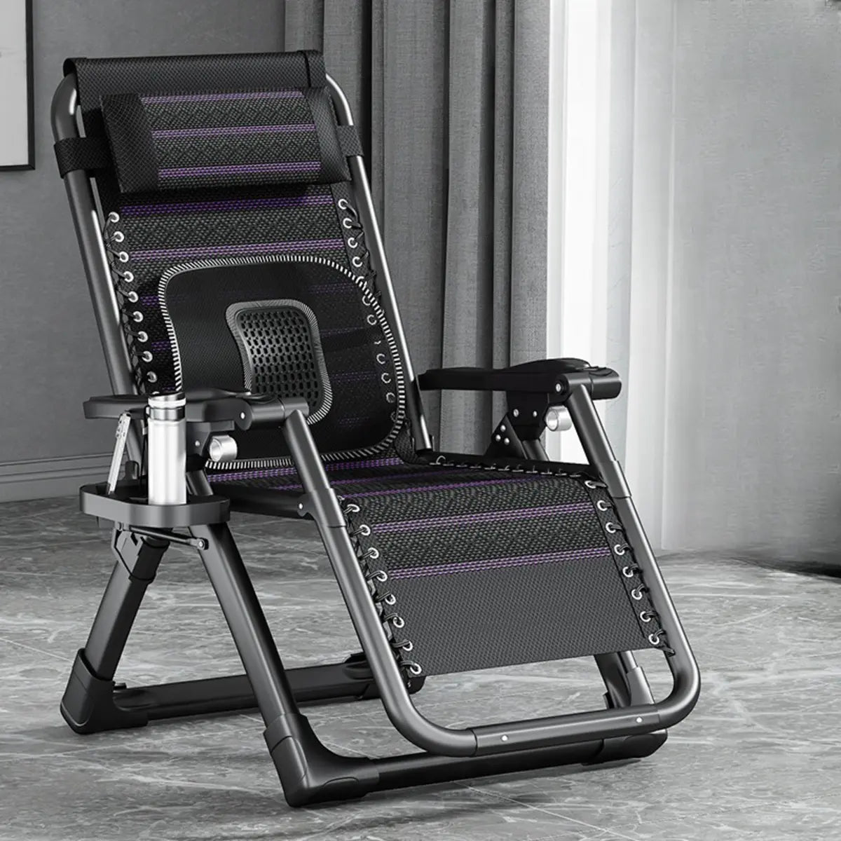 Black Striped Foldable Mesh Recliner with Cup Holder Image - 35