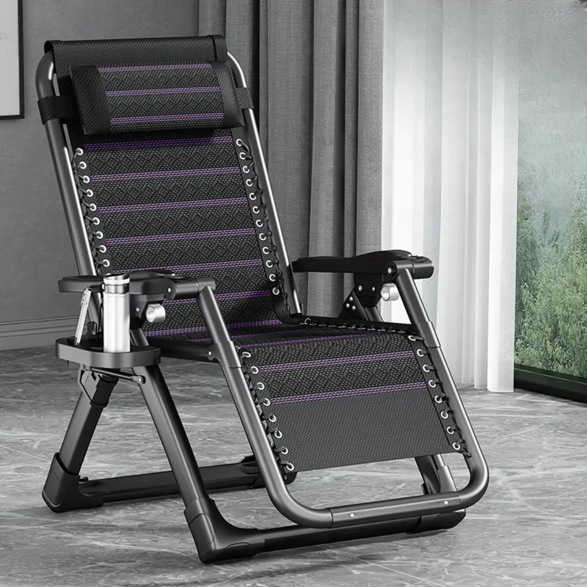 Black Striped Foldable Mesh Recliner with Cup Holder Image - 37