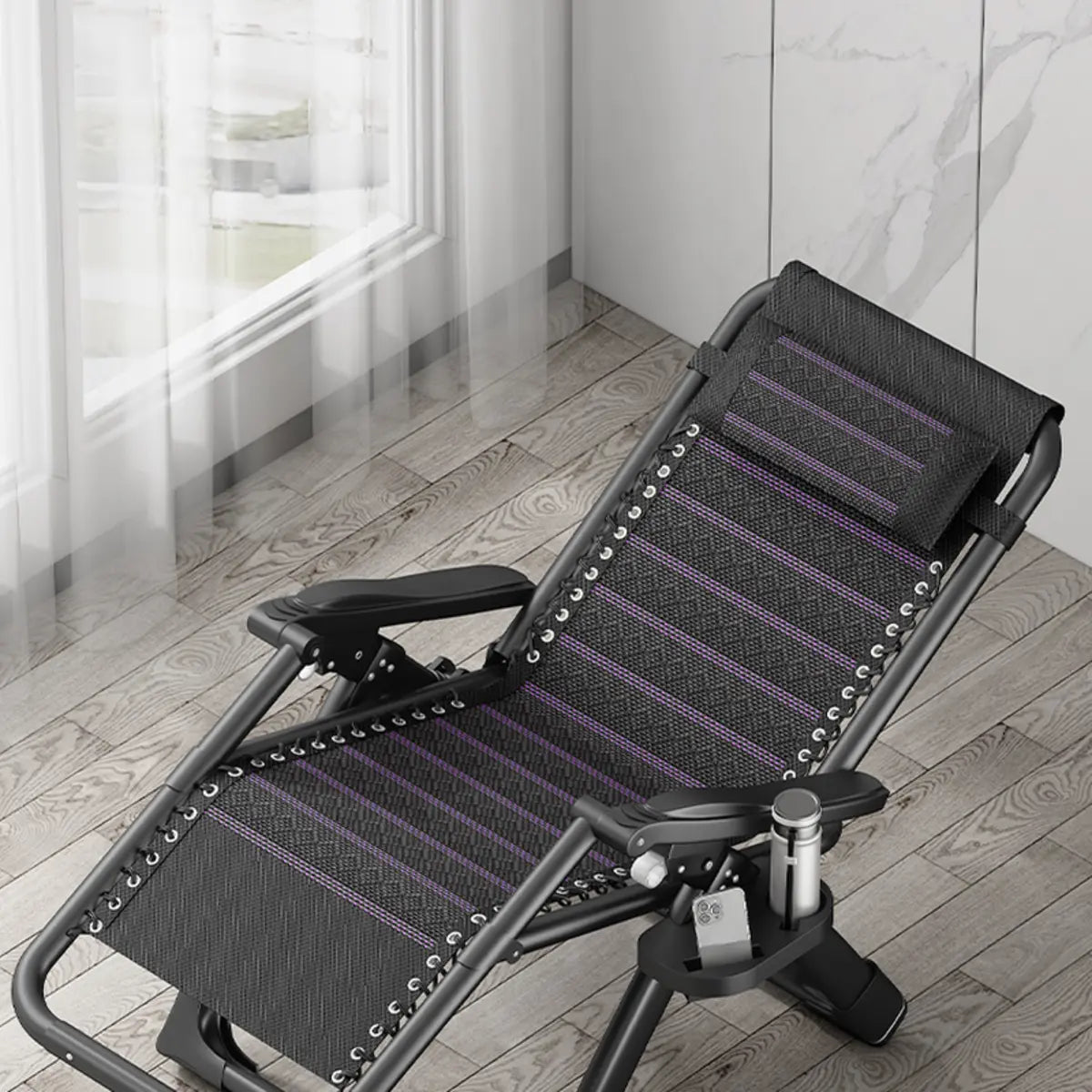 Black Striped Foldable Mesh Recliner with Cup Holder Image - 5