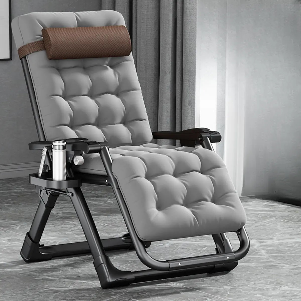 Black Striped Foldable Mesh Recliner with Cup Holder Image - 8