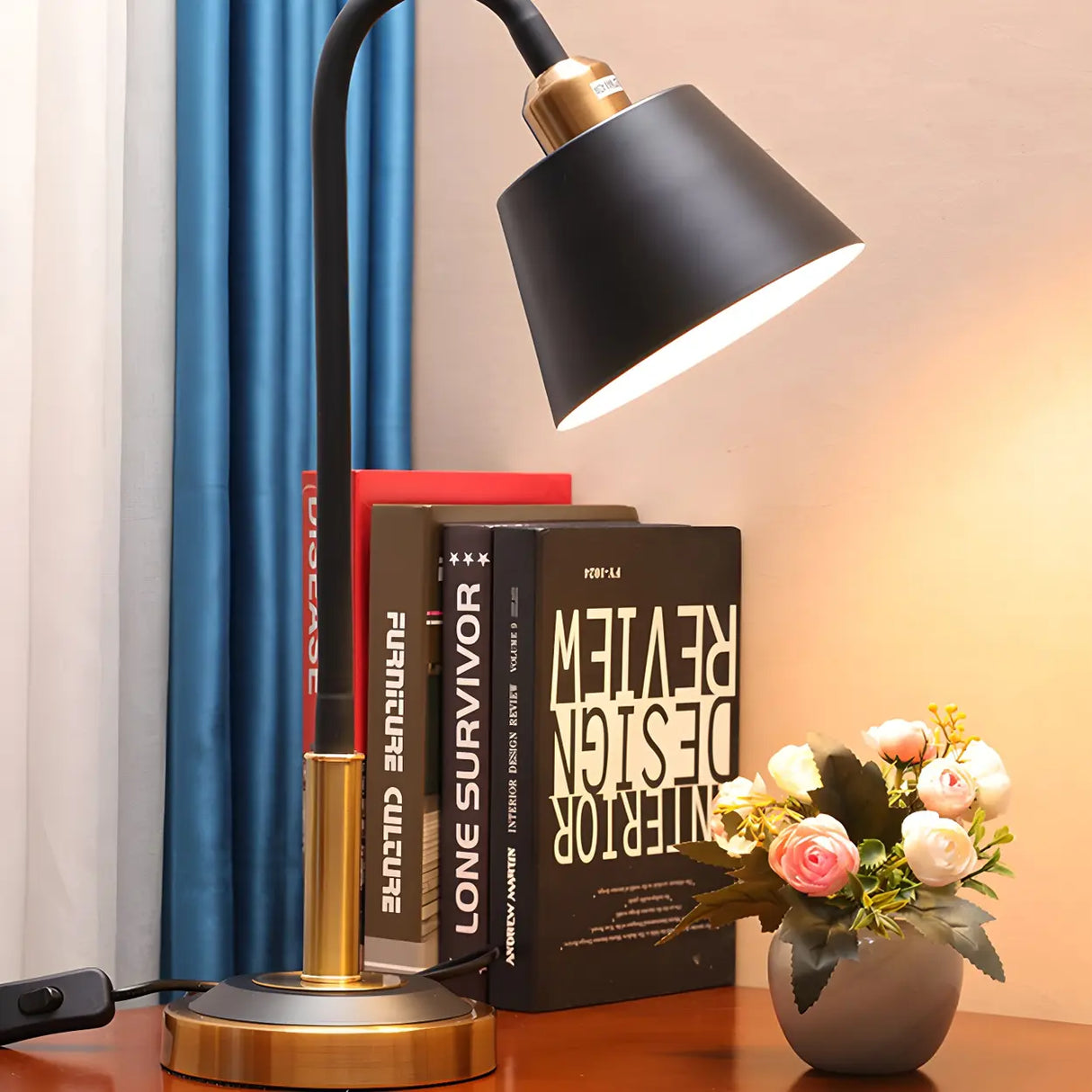 Black Stylish Adjustable Arm Tapered Metal Table Lamp Image - 12