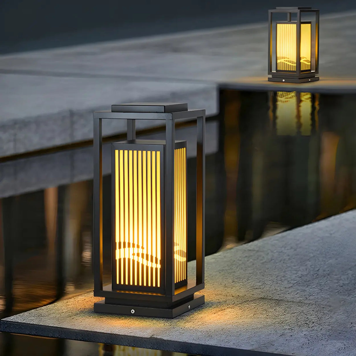 Black Stylish Rectangular Metal Outdoor Lantern Lamp Image - 10