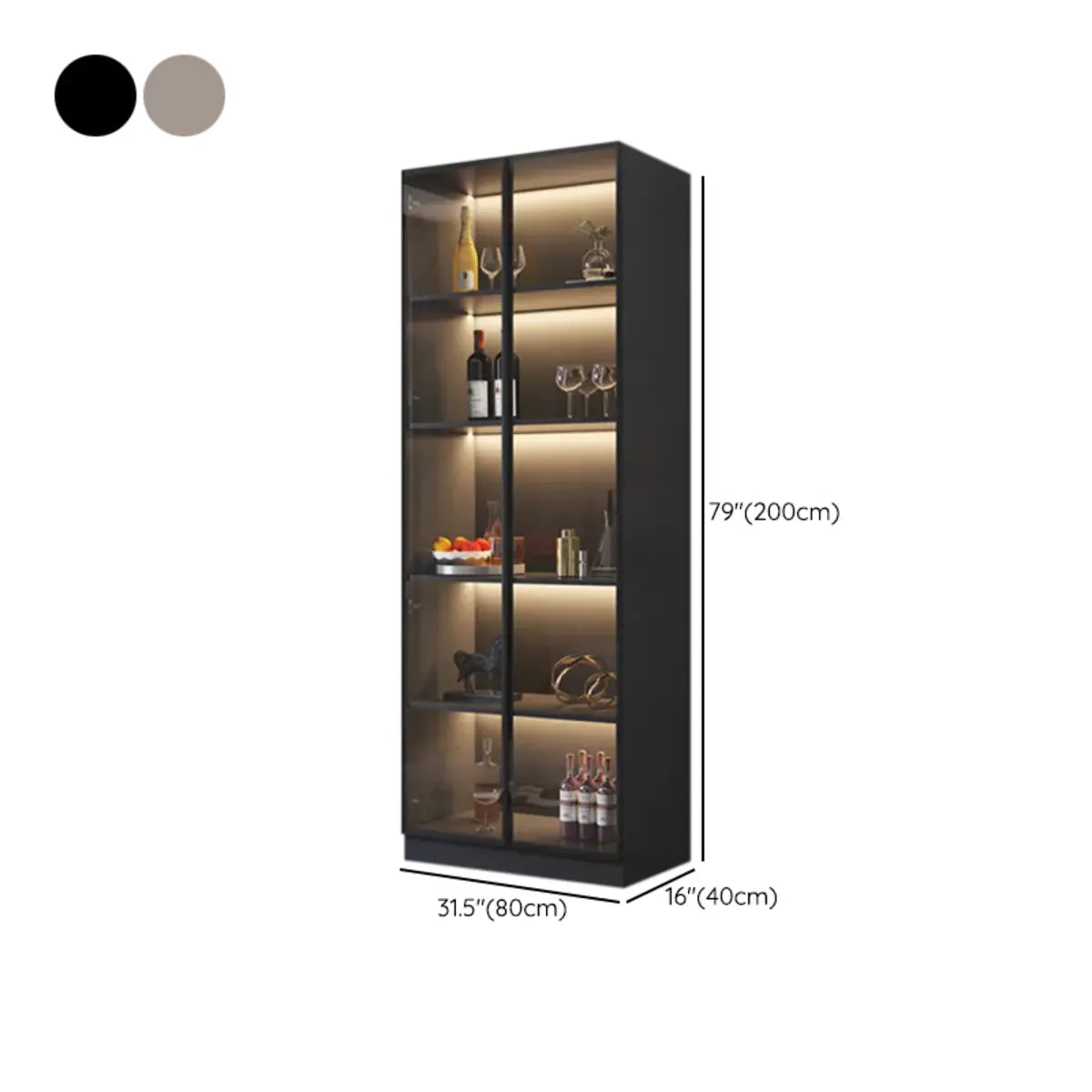 Black Tall Wooden Display Wine Cabinet with Lighting Image - 16