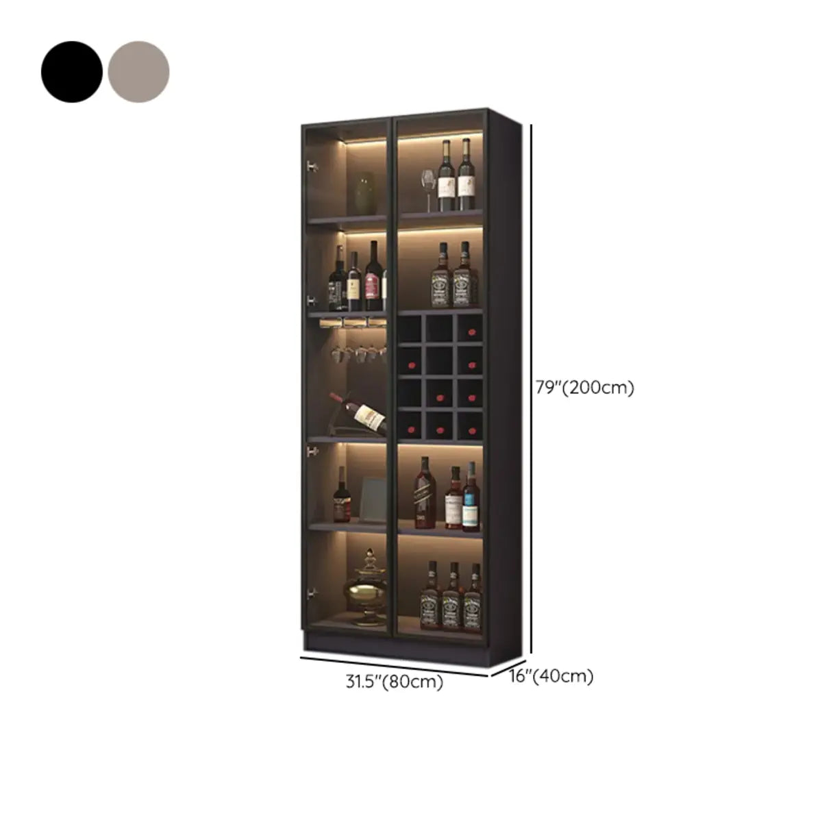 Black Tall Wooden Display Wine Cabinet with Lighting Image - 17