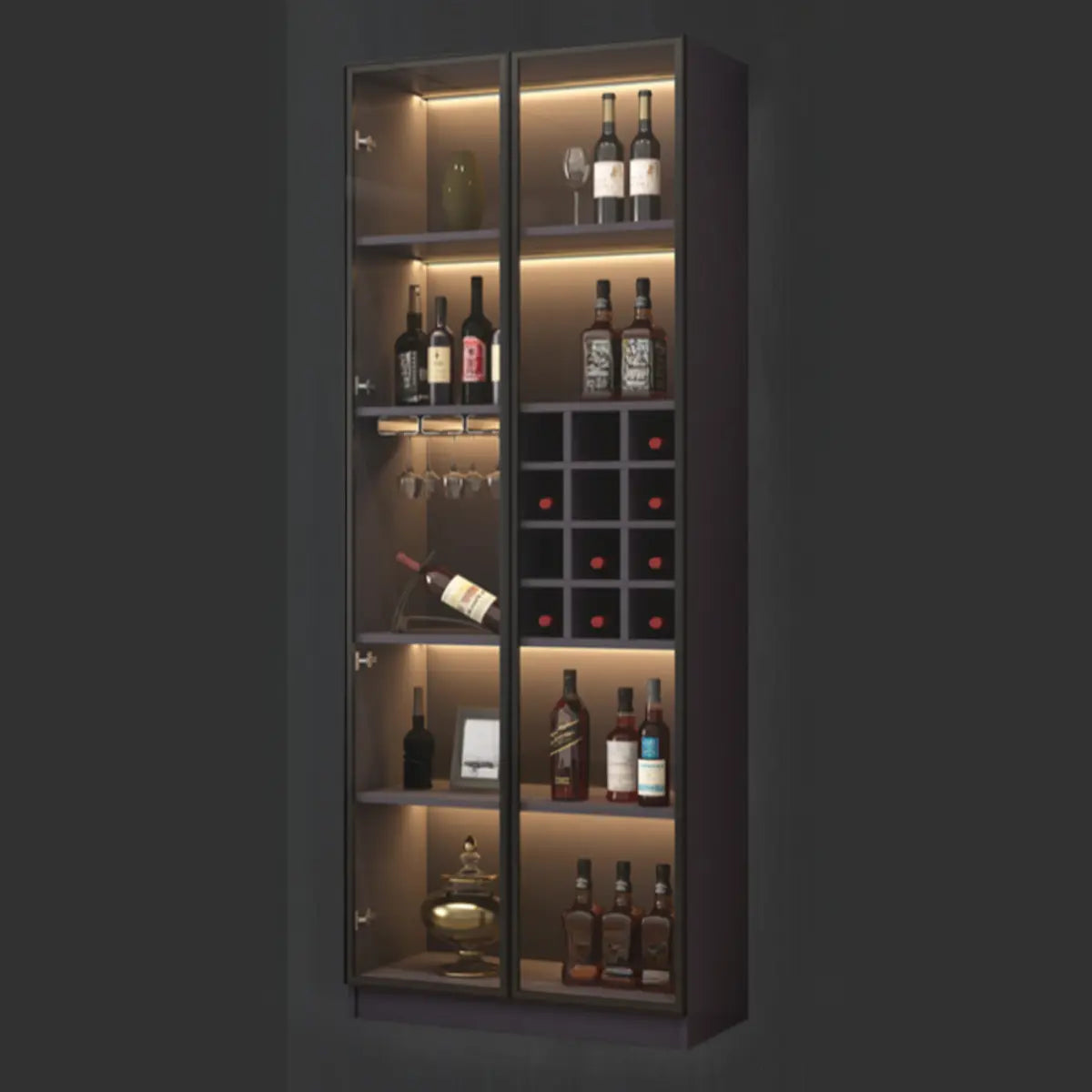 Black Tall Wooden Display Wine Cabinet with Lighting Image - 4