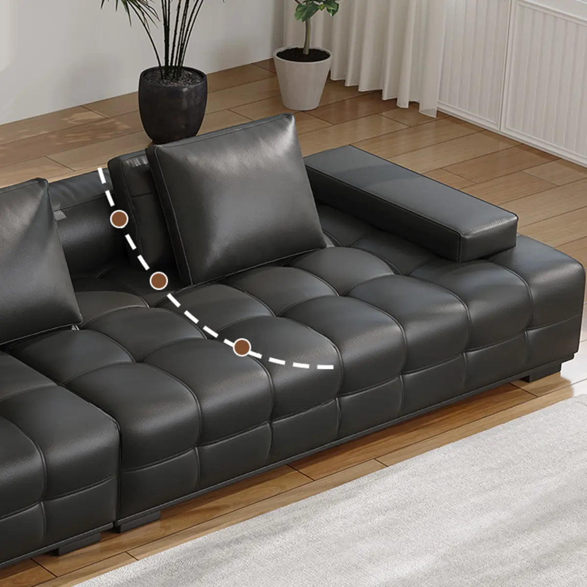 Black Tear Resistant Genuine Leather Pillow Back Sofa Image - 11