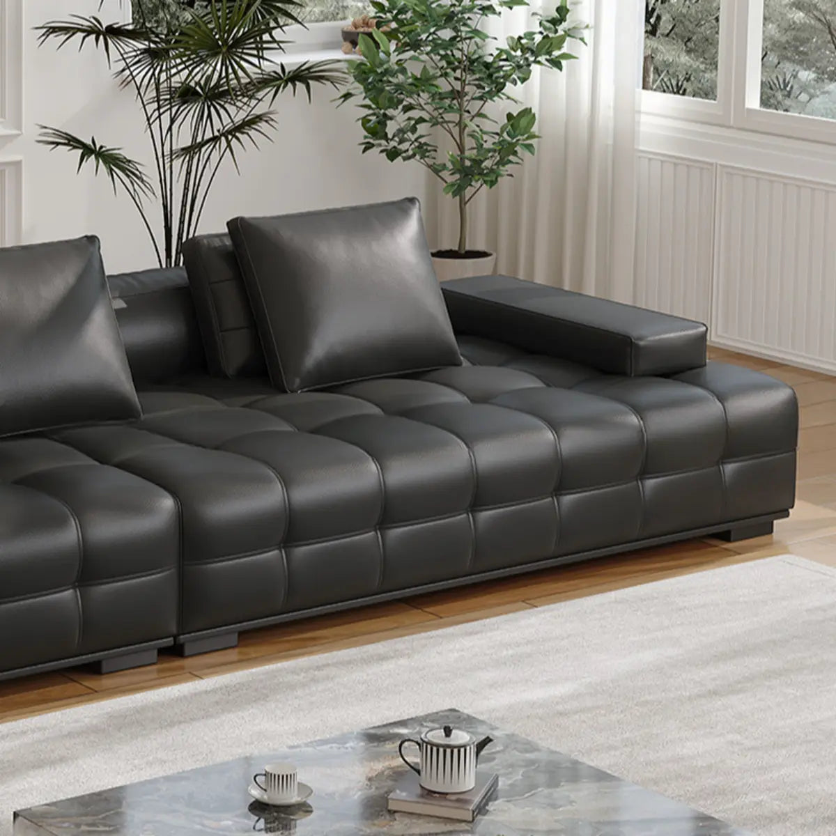 Black Tear Resistant Genuine Leather Pillow Back Sofa Image - 8