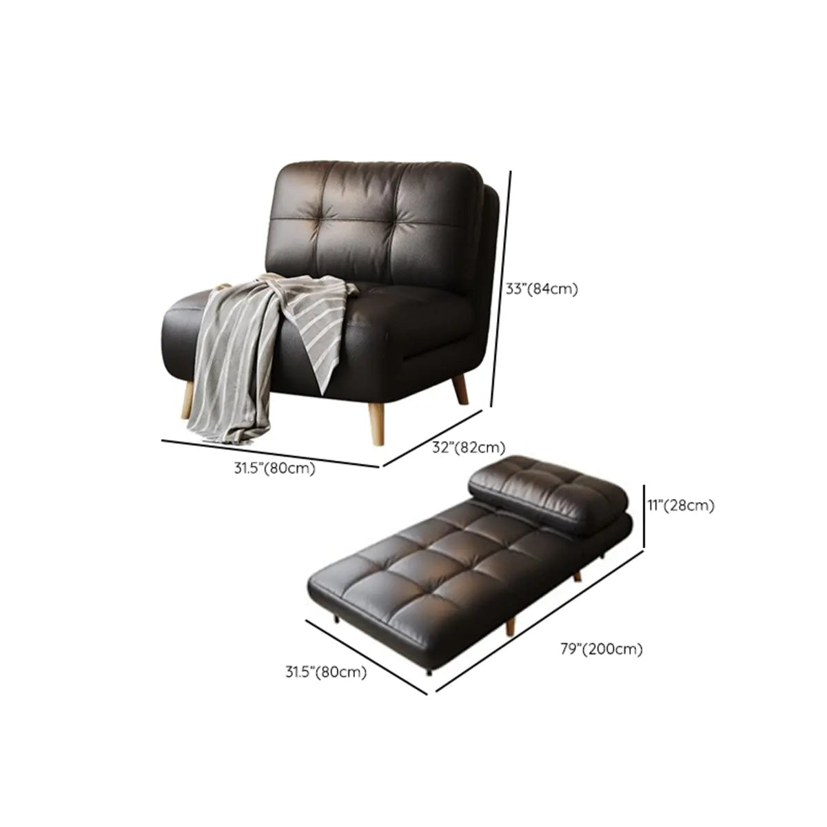 Black Tufted Faux Leather Foldable Compact Futon Sofa Bed 