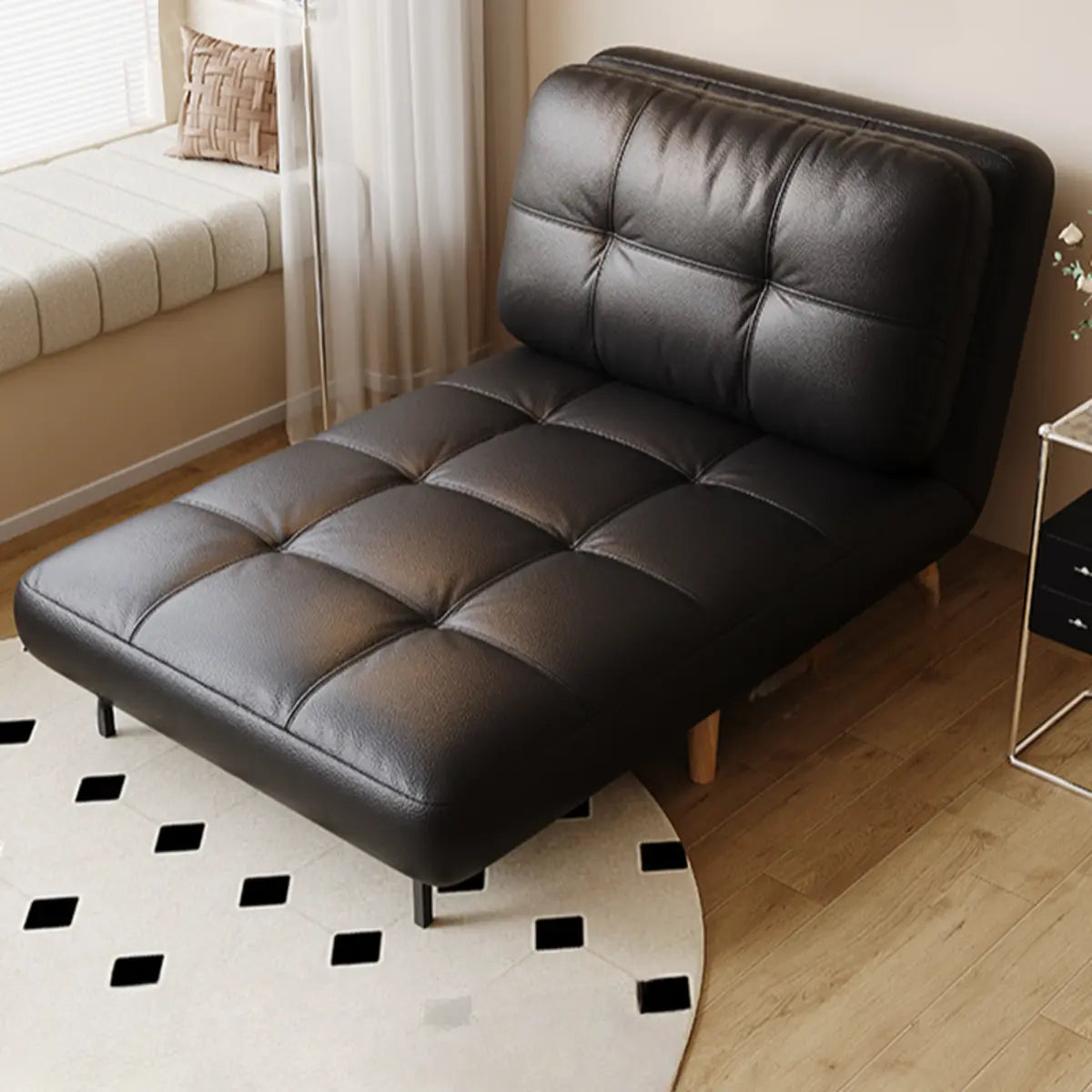 Black Tufted Faux Leather Foldable Compact Futon Sofa Bed Image - 4