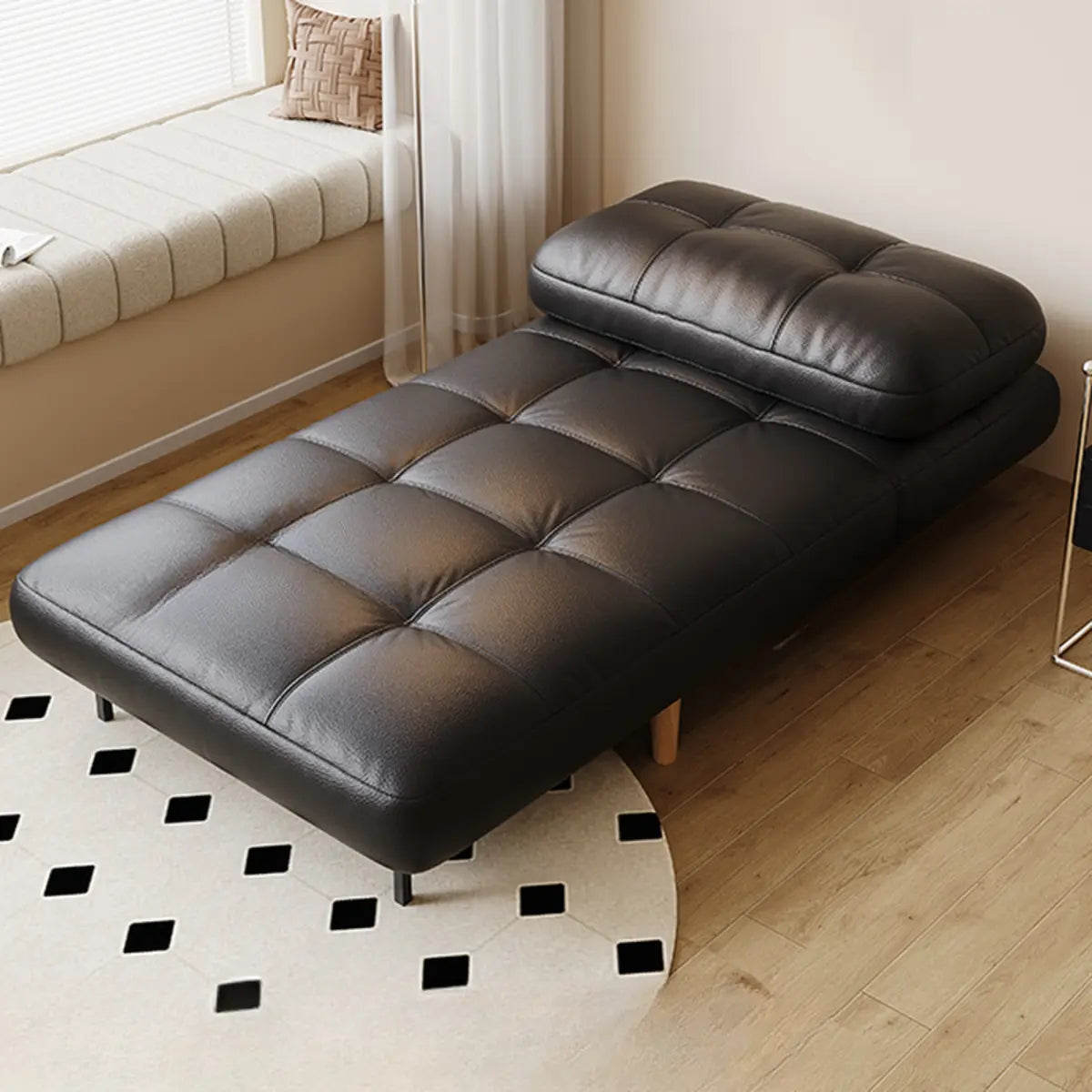 Black Tufted Faux Leather Foldable Compact Futon Sofa Bed Image - 5