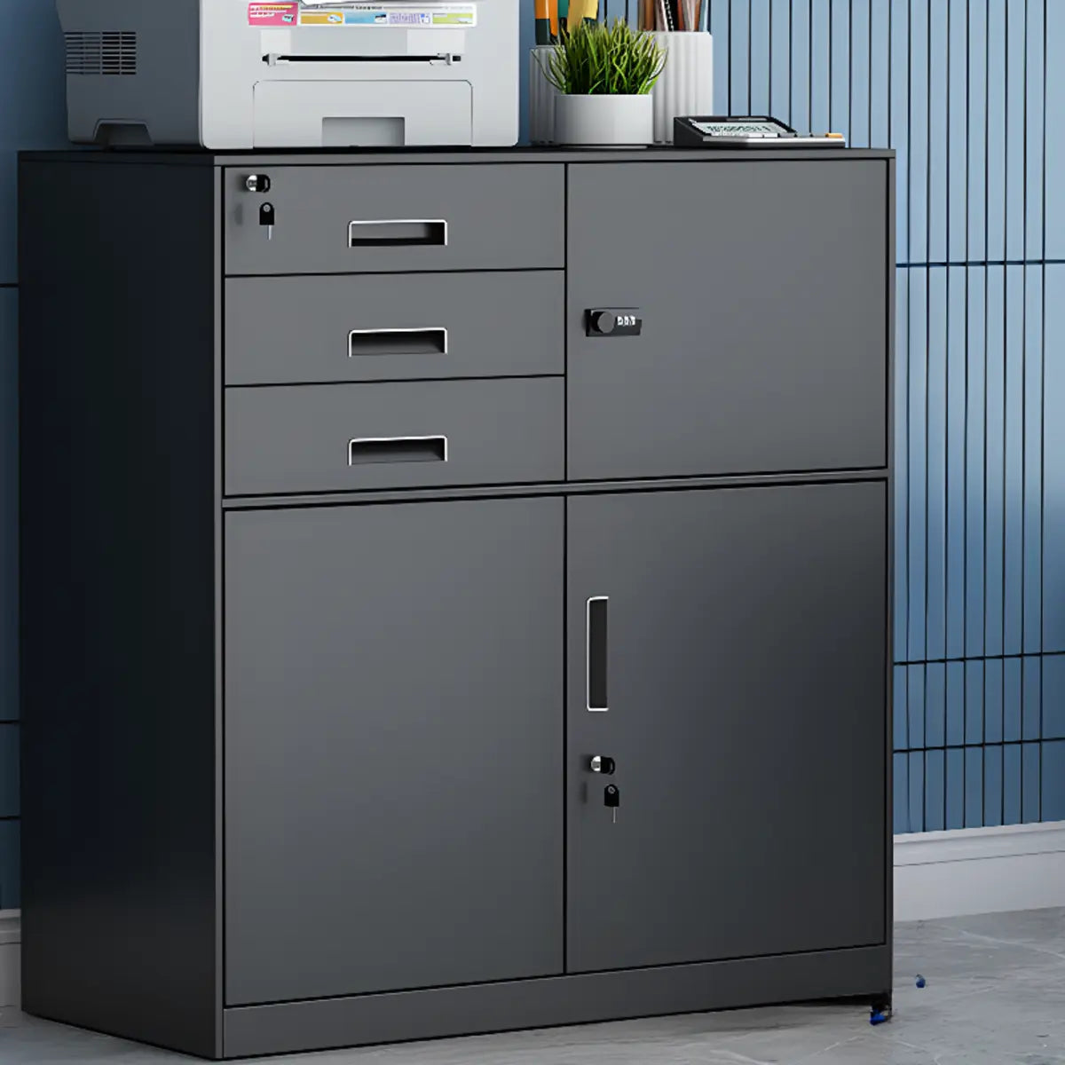 Black Vertical Locking Drawer Steel Filing Cabinet Image - 2