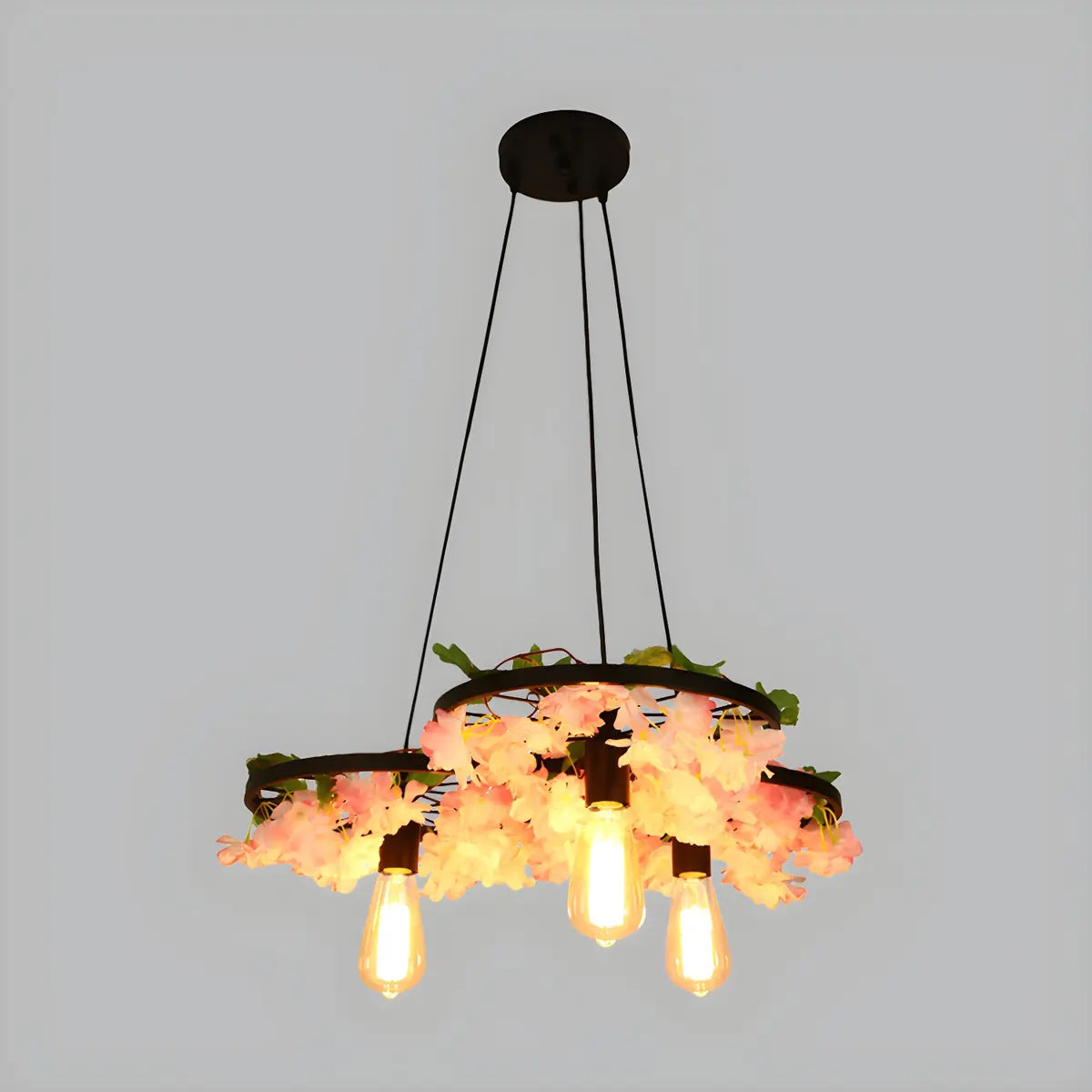 Black Wagon Wheel Metal Flower Edison Bulb Chandelier Image - 4