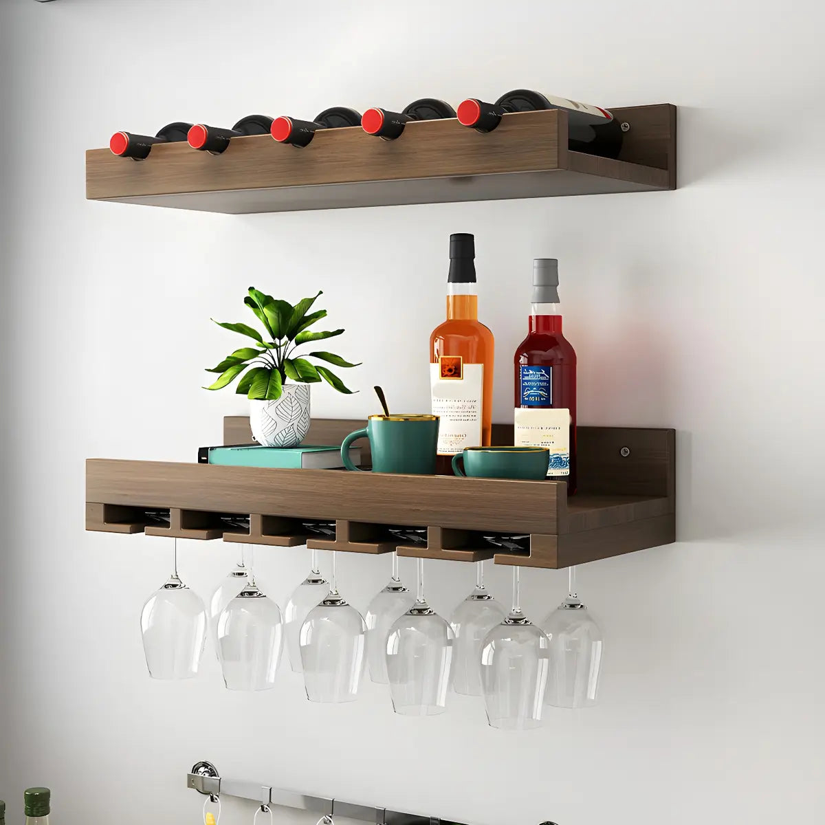 Black Wall-Mounted Wood Wine Rack Set with Glass Holder Image - 18