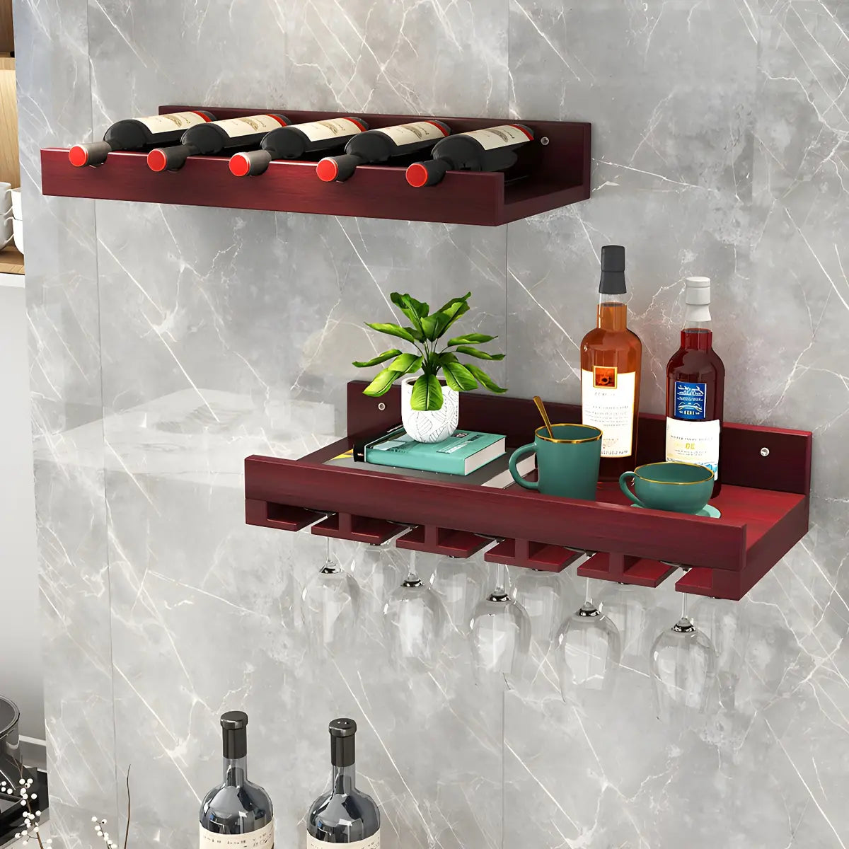 Black Wall-Mounted Wood Wine Rack Set with Glass Holder Image - 6