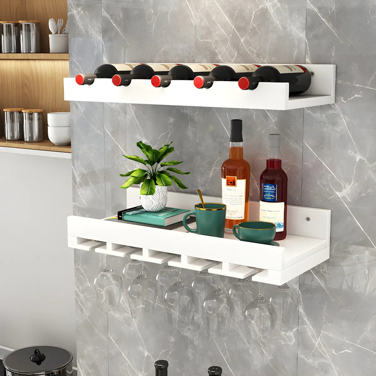 Black Wall-Mounted Wood Wine Rack Set with Glass Holder Image - 7