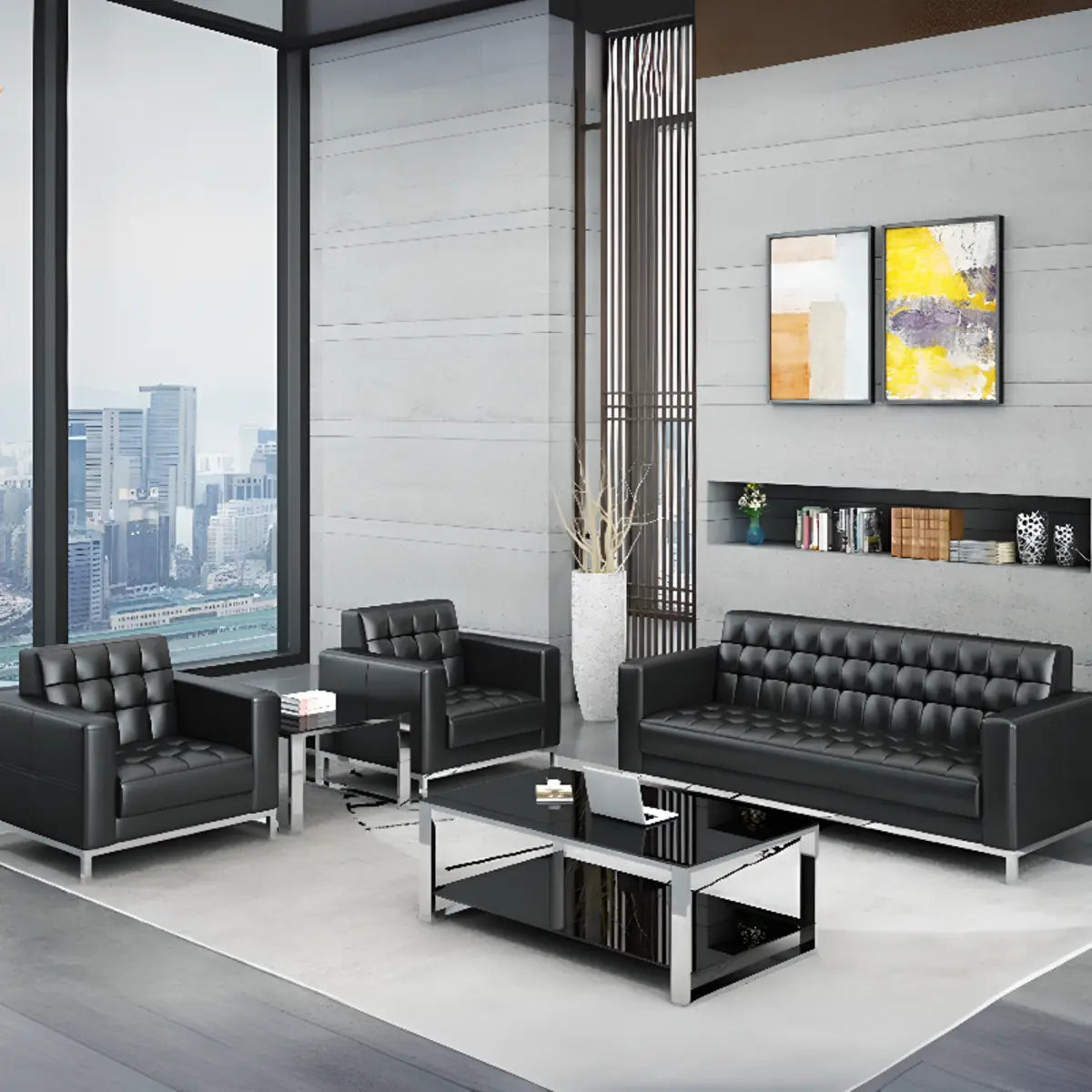 Black Waterproof Faux Leather Office Sofa Seating Group Image - 1