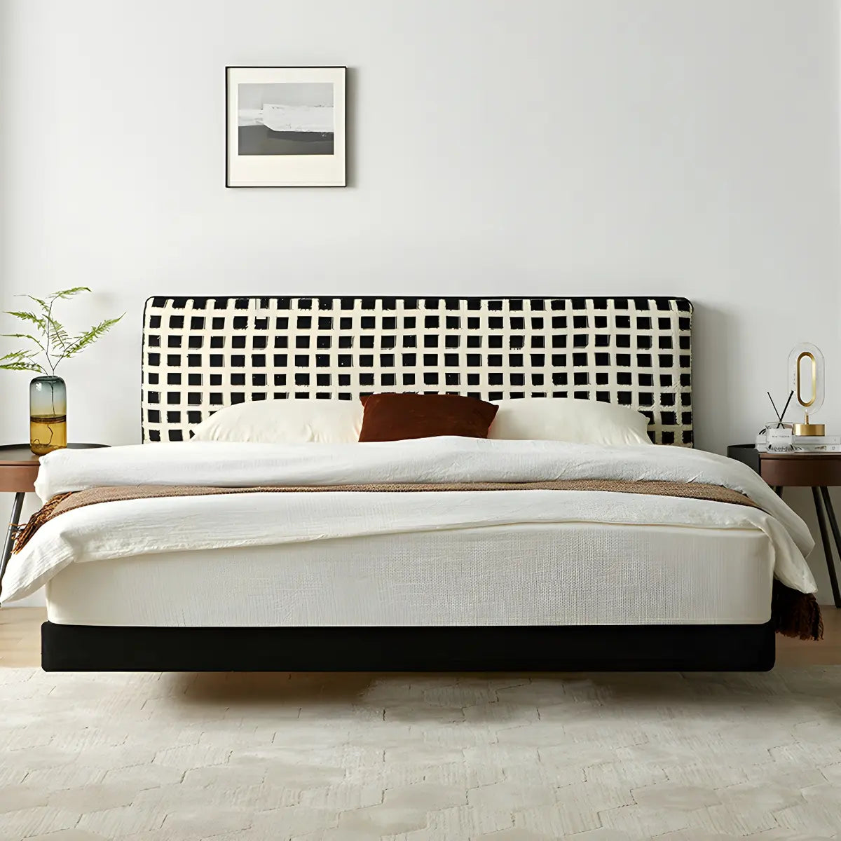 Black-White Plaid Rectangular Upholstered Headboard Image - 4