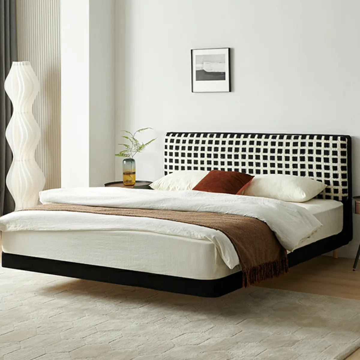 Black-White Plaid Rectangular Upholstered Headboard Image - 5