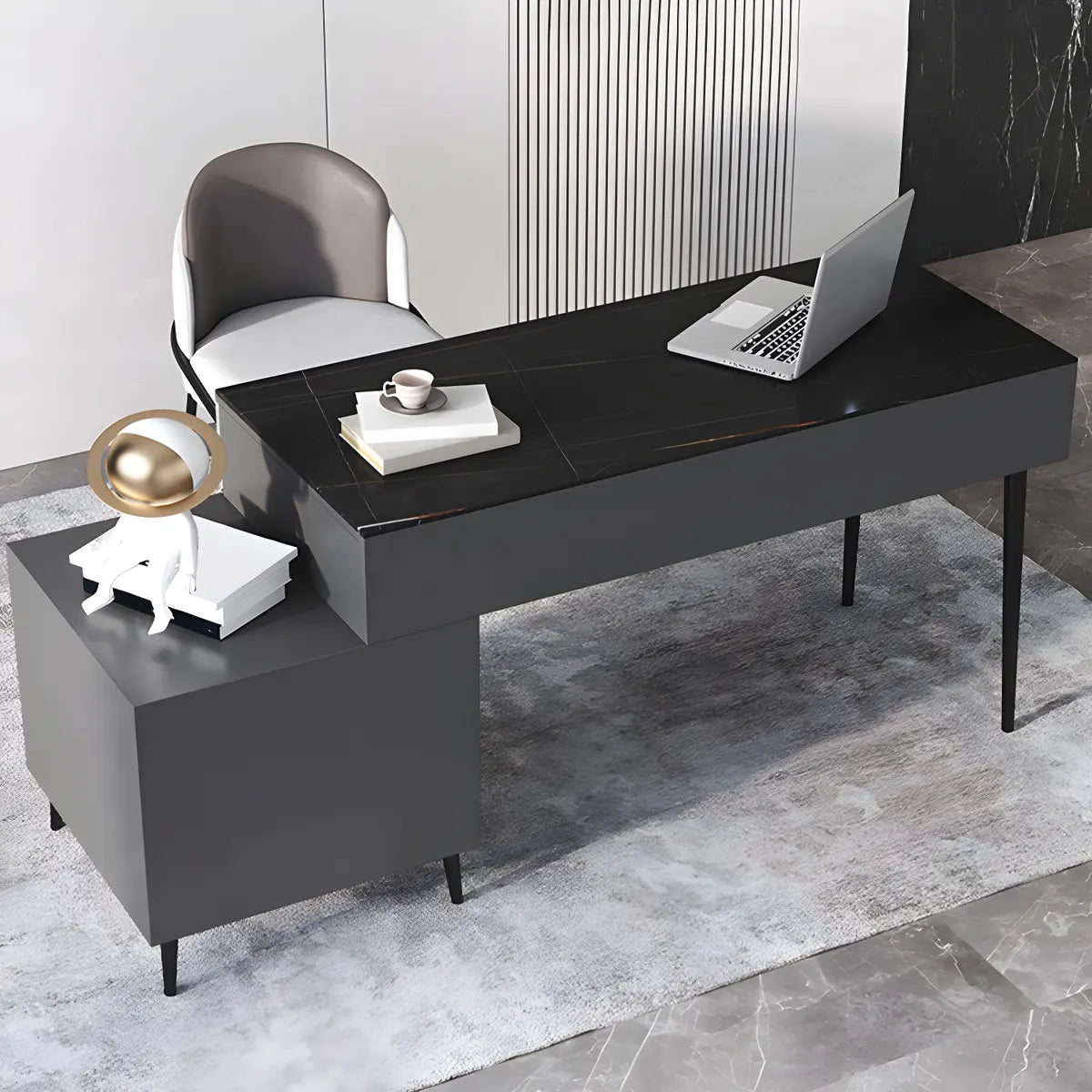 Black White Stone Rectangular Drawers Writing Desk Image - 4