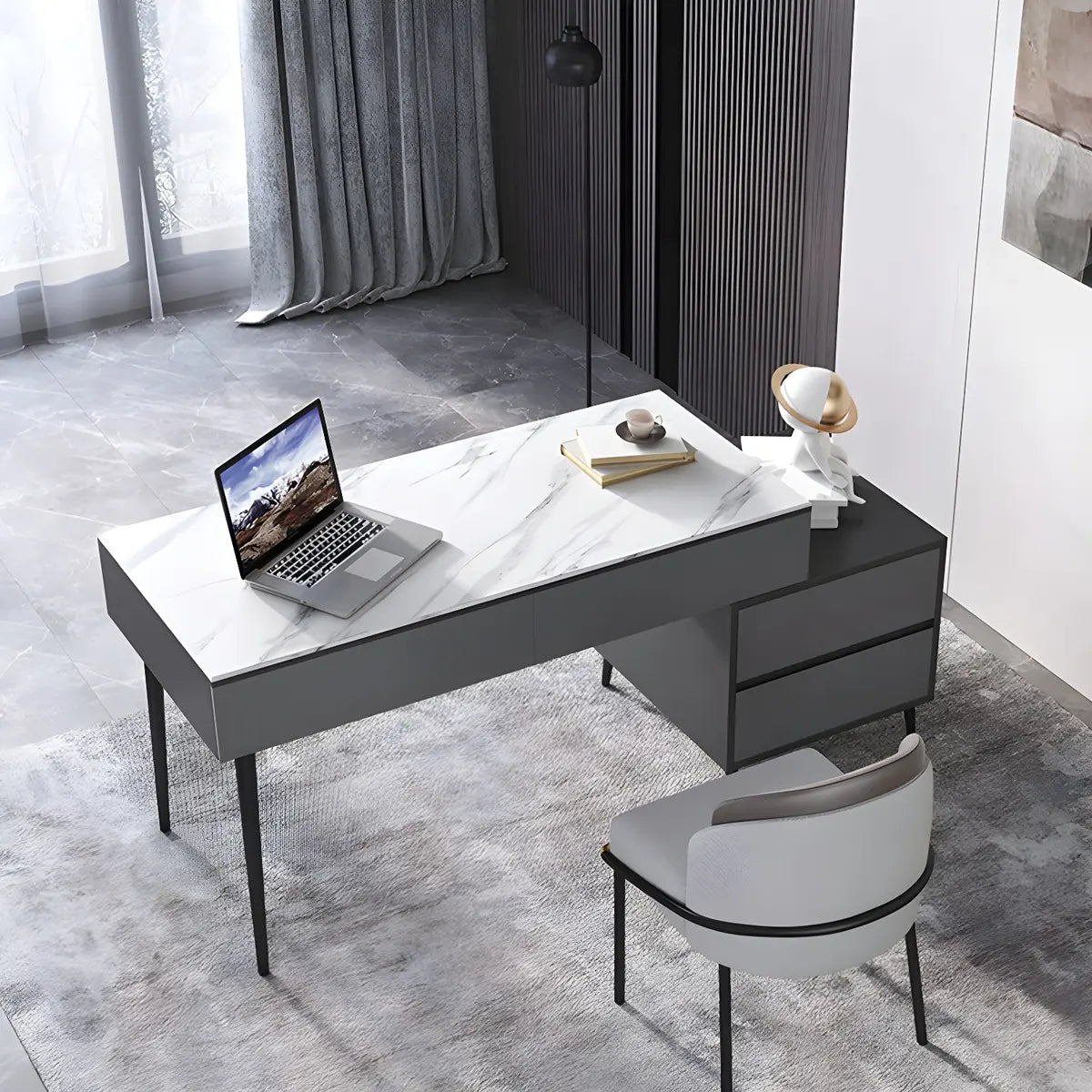 Black White Stone Rectangular Drawers Writing Desk Image - 5