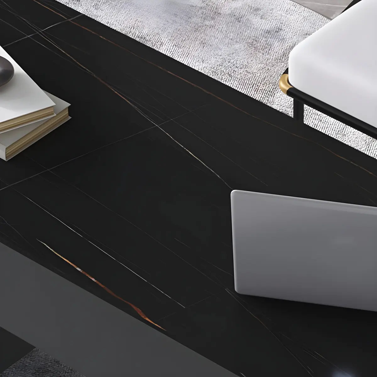 Black White Stone Rectangular Drawers Writing Desk Image - 9