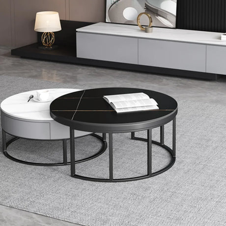 Black White Stone Round Steel Base Storage Coffee Table Image - 1