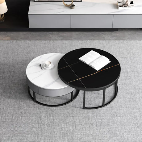 Black White Stone Round Steel Base Storage Coffee Table Image - 2