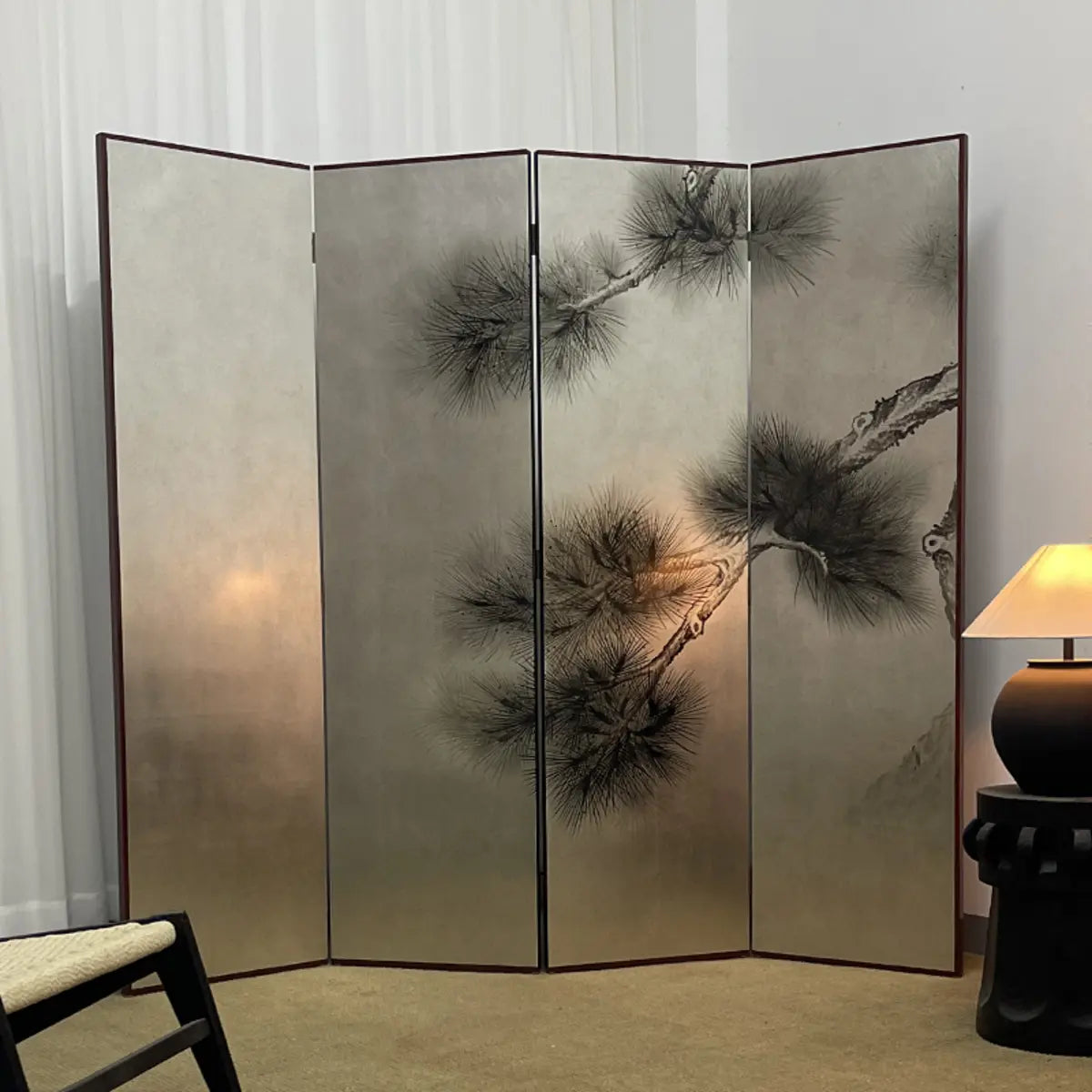 Black White Tree Painted Wood Folding Room Divider Image - 1