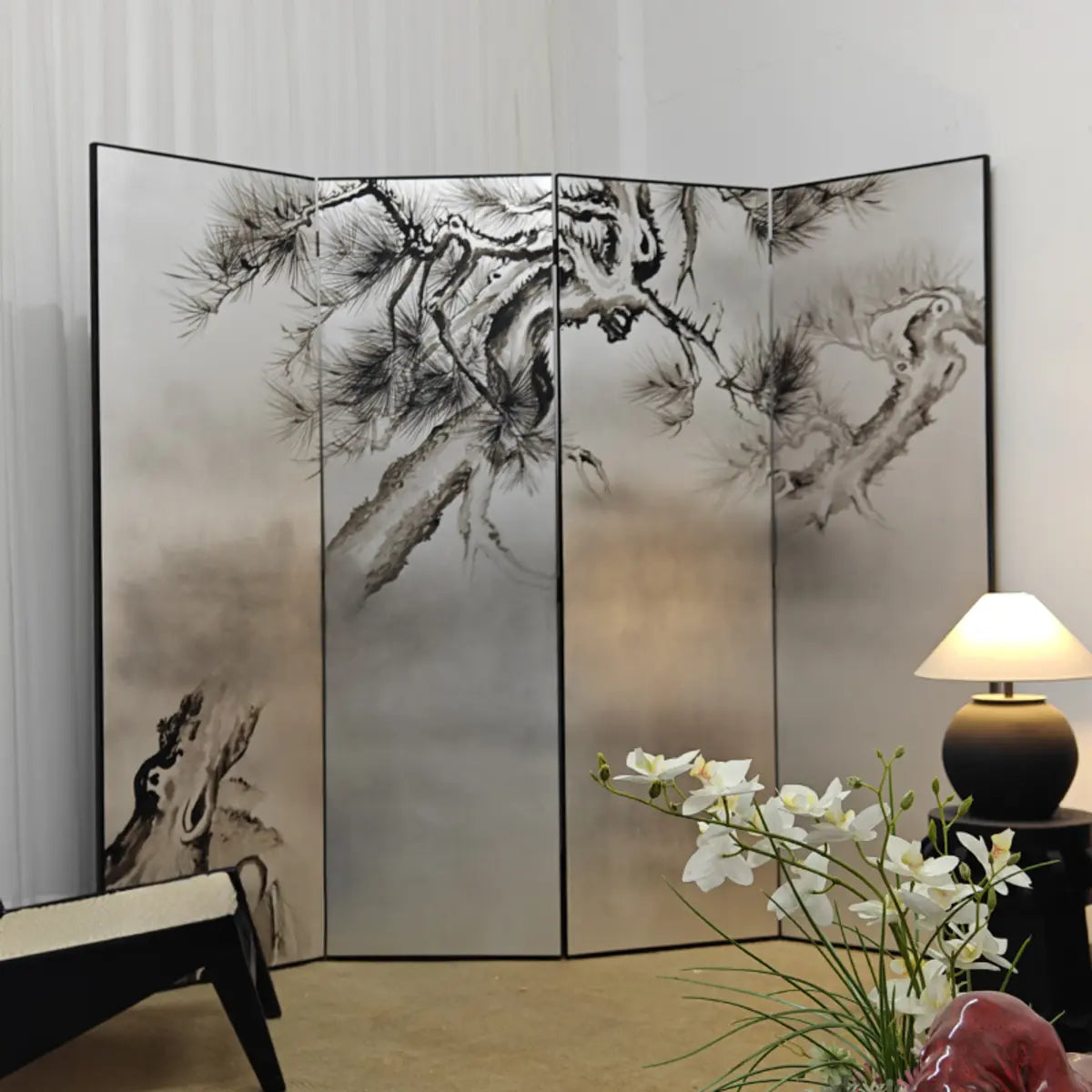 Black White Tree Painted Wood Folding Room Divider Image - 2